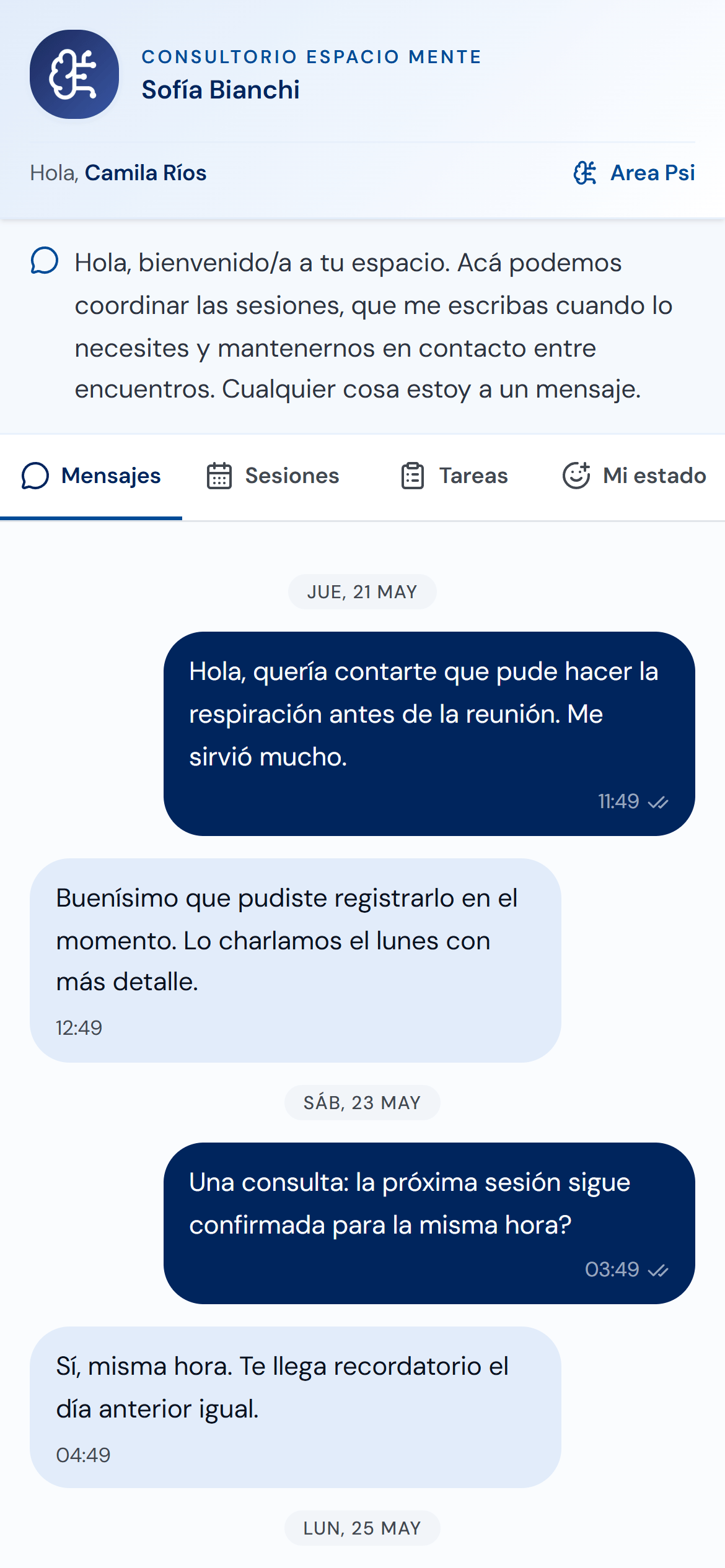 Portal del paciente en el celular — chat cifrado con su psicólogo